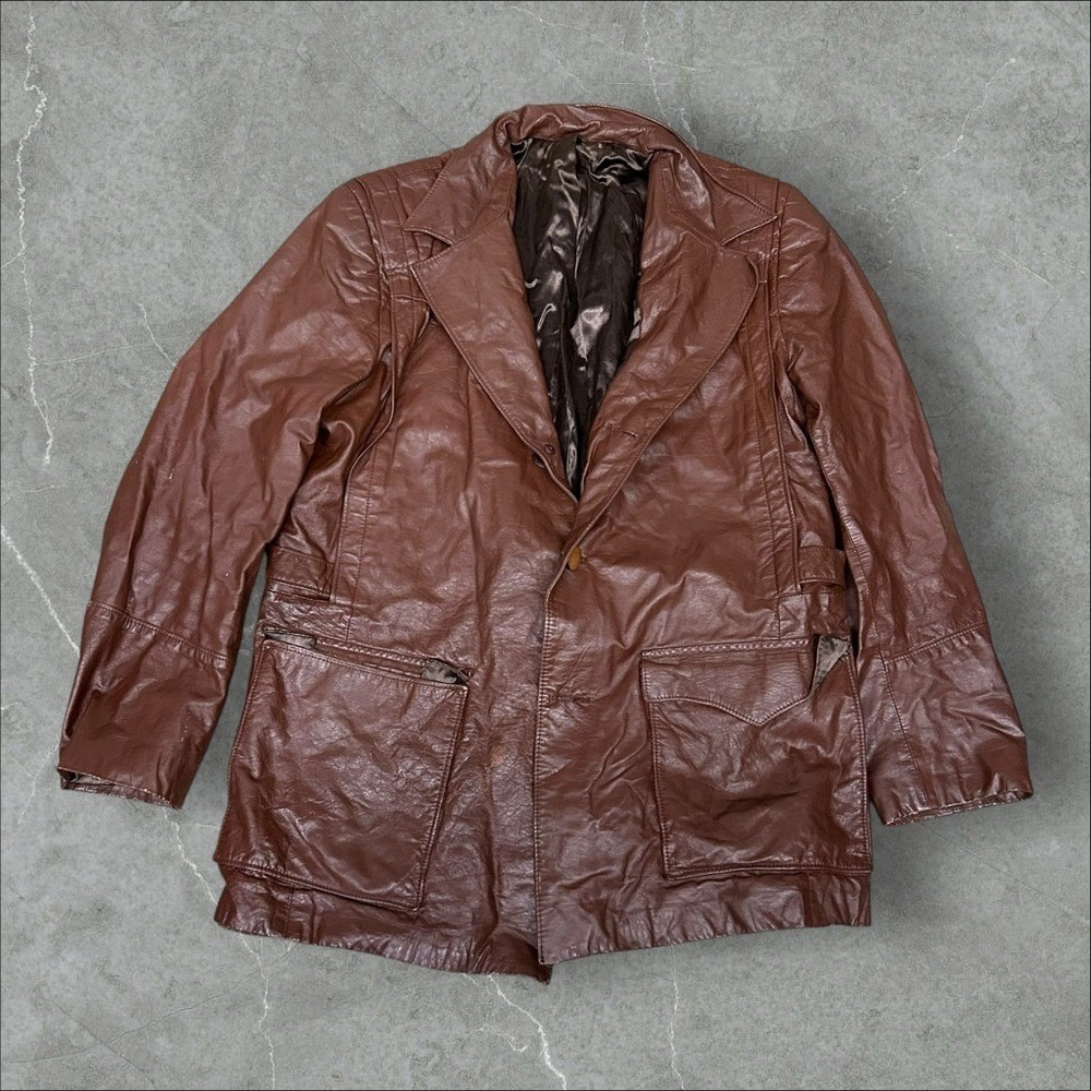 Vintage Pioneer Wear Genuine Leather Jacket Mens Large Brown 70s Overcoat Blazer